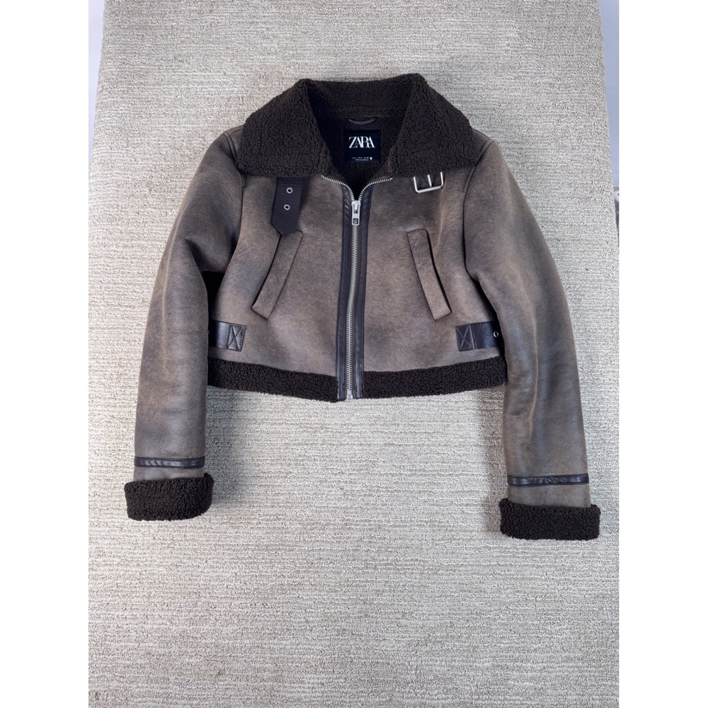 Zara Women Brown Faux Shearling Cropped Aviator Jacket Distressed Size L
